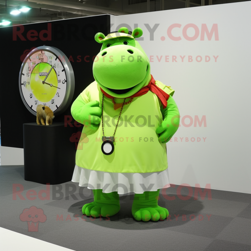 Lime Green Hippopotamus mascot costume character dressed with a Skirt and Bracelet watches Lime Green Hippopotamus mascot costume character dressed with a Skirt and Bracelet watches