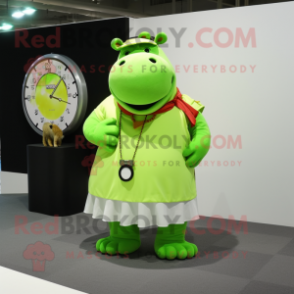 Lime Green Hippopotamus mascot costume character dressed with a Skirt and Bracelet watches