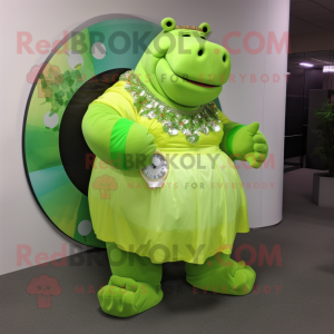 Lime Green Hippopotamus mascot costume character dressed with a Skirt and Bracelet watches