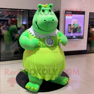 Lime Green Hippopotamus mascot costume character dressed with a Skirt and Bracelet watches