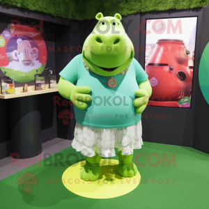 Lime Green Hippopotamus mascot costume character dressed with a Skirt and Bracelet watches