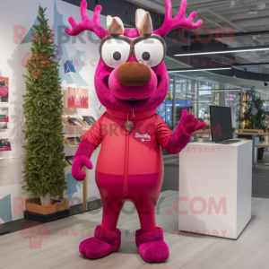 Magenta Reindeer mascot costume character dressed with a Leggings and Eyeglasses