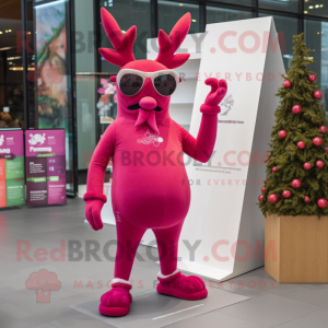 Magenta Reindeer mascot costume character dressed with a Leggings and Eyeglasses