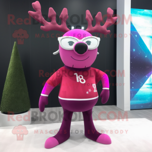 Magenta Reindeer mascot costume character dressed with a Leggings and Eyeglasses