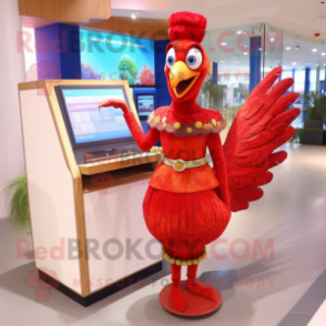 Red Peacock mascot costume character dressed with a Pencil Skirt and Cufflinks