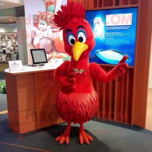 Red Peacock mascot costume character dressed with a Pencil Skirt and Cufflinks