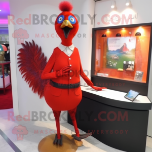 Red Peacock mascot costume character dressed with a Pencil Skirt and Cufflinks