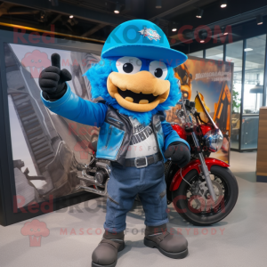 Blue Knife Thrower mascot costume character dressed with a Biker Jacket and Hats