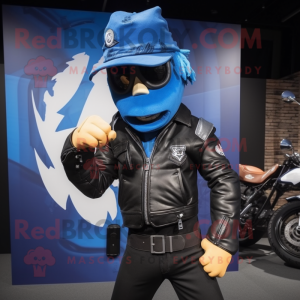 Blue Knife Thrower mascot costume character dressed with a Biker Jacket and Hats