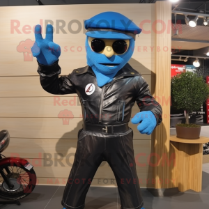 Blue Knife Thrower mascot costume character dressed with a Biker Jacket and Hats