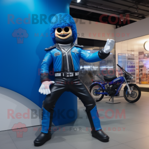 Blue Knife Thrower mascot costume character dressed with a Biker Jacket and Hats