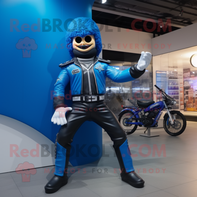 Blue Knife Thrower mascot costume character dressed with a Biker Jacket and Hats Blue Knife Thrower mascot costume character dressed with a Biker Jacket and Hats