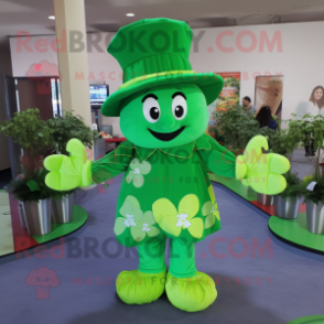 Lime Green Bunch Of Shamrocks mascot costume character dressed with a Long Sleeve Tee and Hat pins