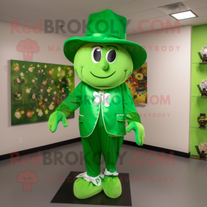 Lime Green Bunch Of Shamrocks mascot costume character dressed with a Long Sleeve Tee and Hat pins