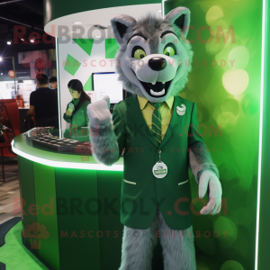 Green Wolf mascot costume character dressed with a Blazer and Coin purses