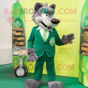 Green Wolf mascot costume character dressed with a Blazer and Coin purses