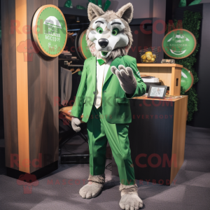 Green Wolf mascot costume character dressed with a Blazer and Coin purses