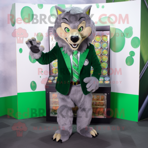 Green Wolf mascot costume character dressed with a Blazer and Coin purses