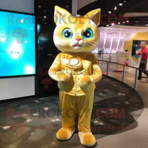 Gold Cat mascot costume character dressed with a Empire Waist Dress and Backpacks