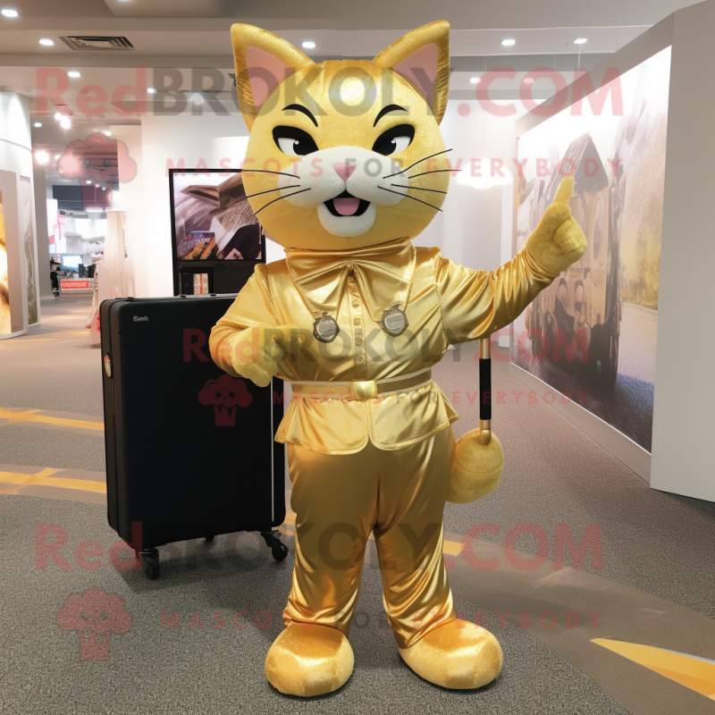 Gold Cat mascot costume character dressed with a Empire Waist Dress and Backpacks Gold Cat mascot costume character dressed with a Empire Waist Dress and Backpacks