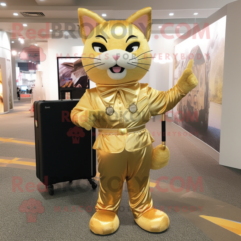 Gold Cat mascot costume character dressed with a Empire Waist Dress and Backpacks