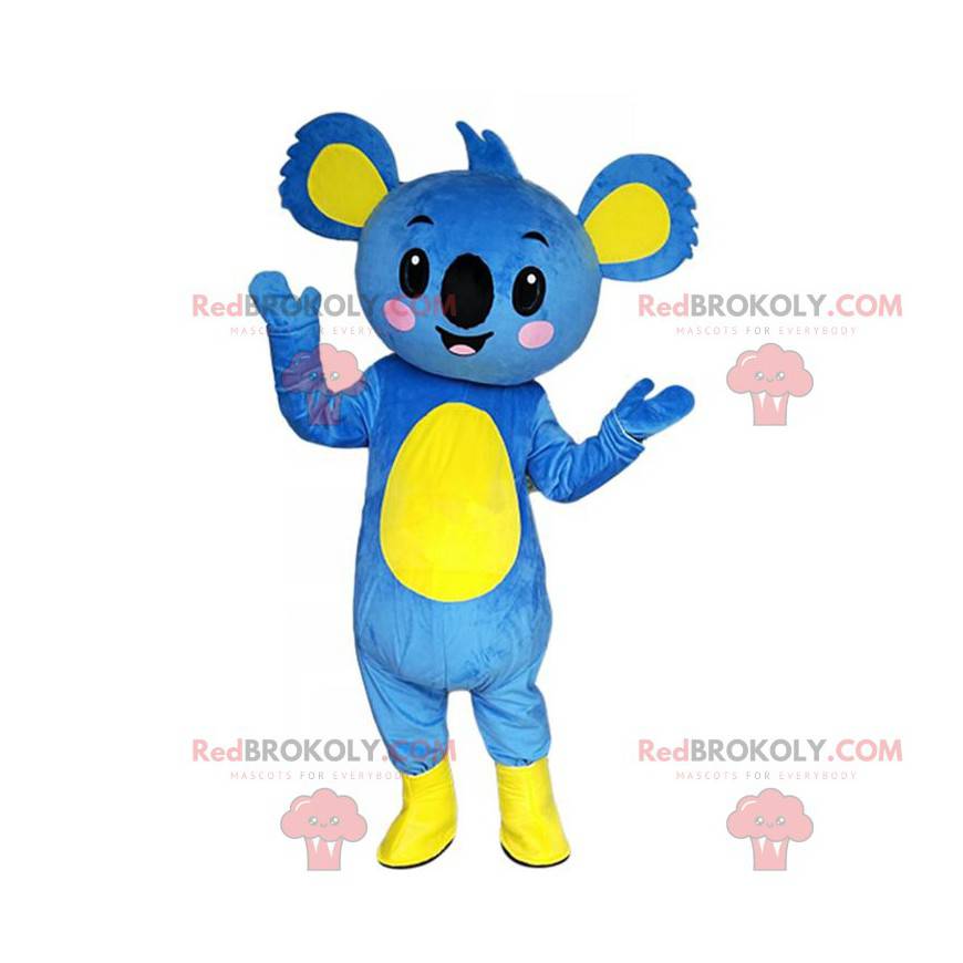 Mascotte de koala bleu et jaune, costume de koala géant -