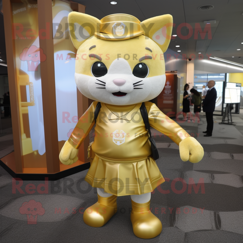 Gold Cat mascot costume character dressed with a Empire Waist Dress and Backpacks