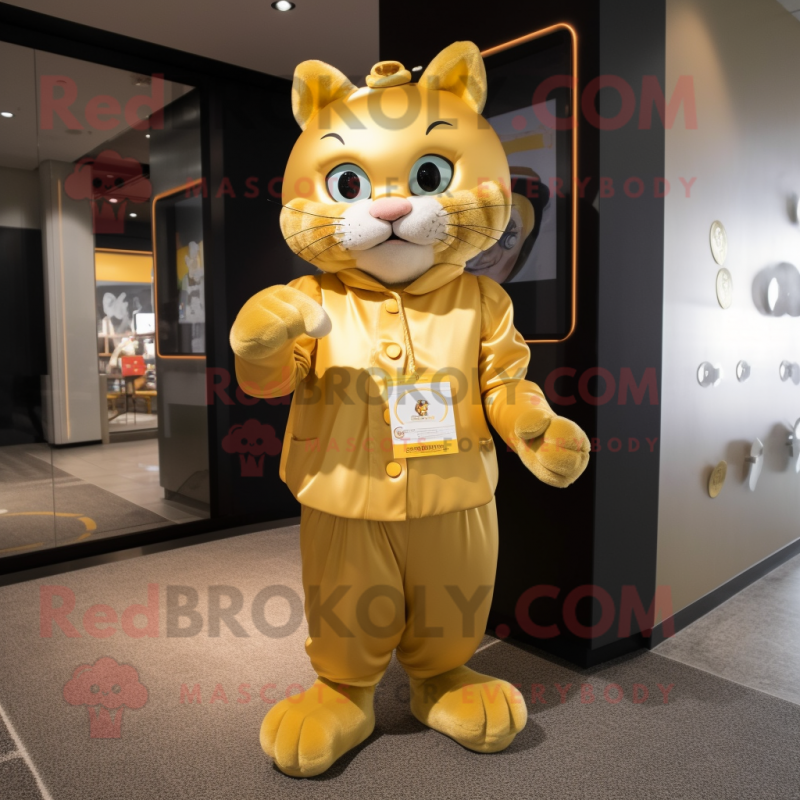 Gold Cat mascot costume character dressed with a Empire Waist Dress and Backpacks