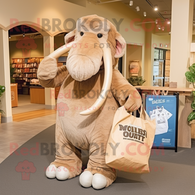 Tan Mammoth mascot costume character dressed with a Jumpsuit and Tote bags