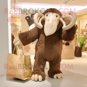 Tan Mammoth mascot costume character dressed with a Jumpsuit and Tote bags