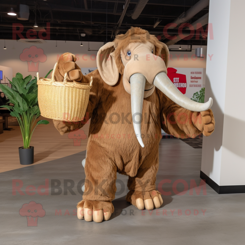 Tan Mammoth mascot costume character dressed with a Jumpsuit and Tote bags Tan Mammoth mascot costume character dressed with a Jumpsuit and Tote bags