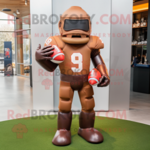 Brown American Football Helmet mascot costume character dressed with a Suit Pants and Foot pads