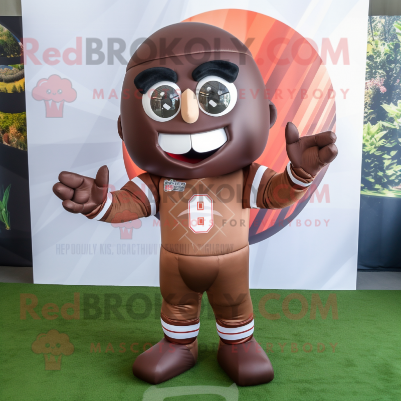 Brown American Football Helmet mascot costume character dressed with a Suit Pants and Foot pads