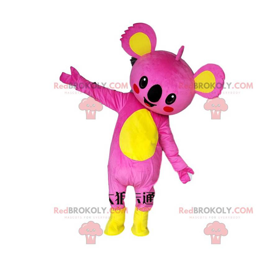 Mascota koala rosa y amarillo, colorido disfraz de koala -