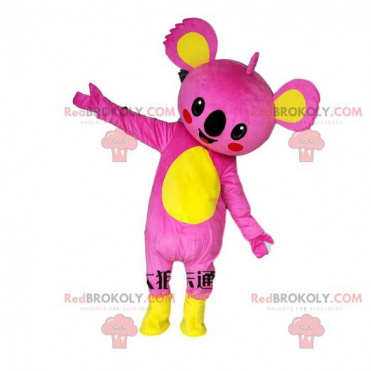 Mascote de coala rosa e amarelo, fantasia de coala colorida -
