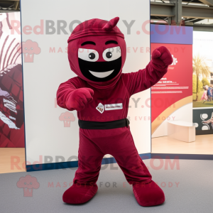 Maroon Ninja mascot costume character dressed with a Playsuit and Mittens