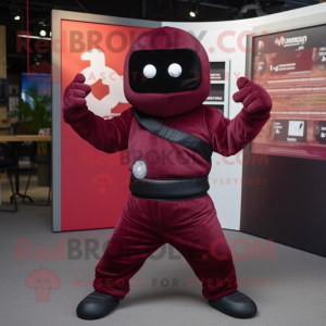 Maroon Ninja mascot costume character dressed with a Playsuit and Mittens