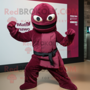 Maroon Ninja mascot costume character dressed with a Playsuit and Mittens