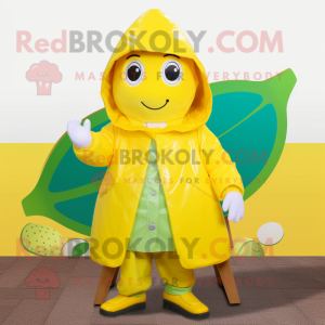 Lemon Yellow Mango mascot costume character dressed with a Raincoat and Headbands