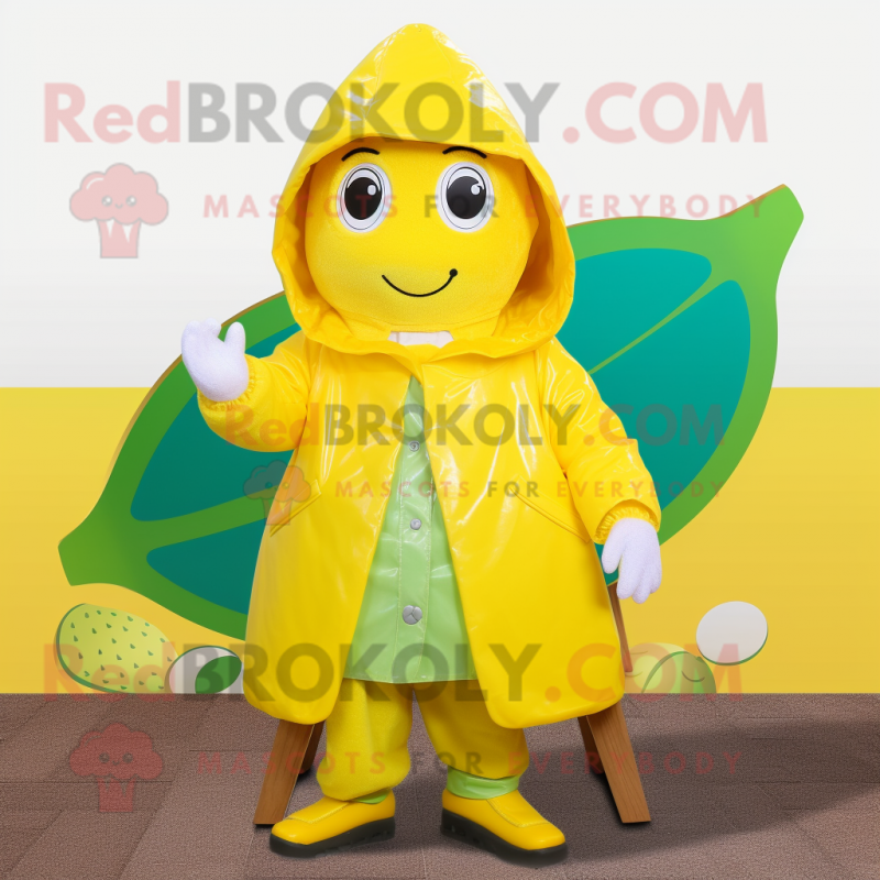 Lemon Yellow Mango mascot costume character dressed with a Raincoat and Headbands Lemon Yellow Mango mascot costume character dressed with a Raincoat and Headbands