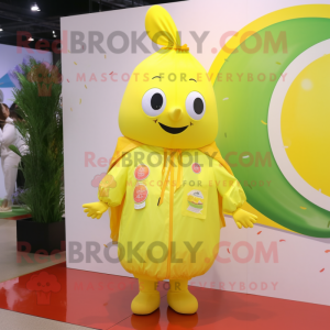 Lemon Yellow Mango mascot costume character dressed with a Raincoat and Headbands