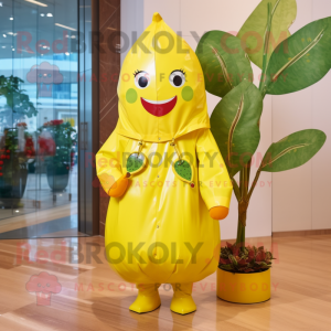 Lemon Yellow Mango mascot costume character dressed with a Raincoat and Headbands