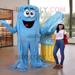 Sky Blue Spaghetti mascot costume character dressed with a Mom Jeans and Shoe clips
