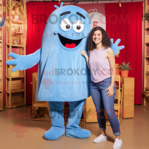 Sky Blue Spaghetti mascot costume character dressed with a Mom Jeans and Shoe clips