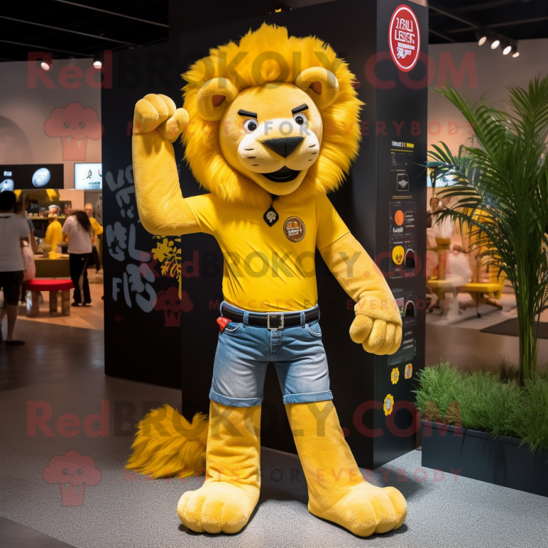 Yellow Lion mascot costume character dressed with a Bootcut Jeans and Hairpins