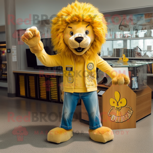 Yellow Lion mascot costume character dressed with a Bootcut Jeans and Hairpins