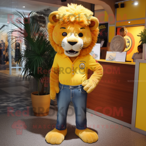 Yellow Lion mascot costume character dressed with a Bootcut Jeans and Hairpins