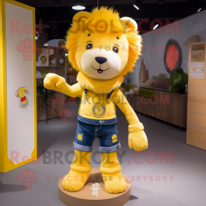 Yellow Lion mascot costume character dressed with a Bootcut Jeans and Hairpins