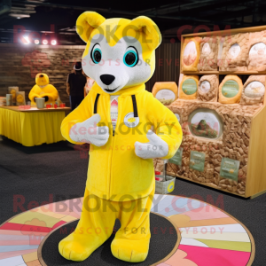 Lemon Yellow Weasel mascot costume character dressed with a Flannel Shirt and Coin purses