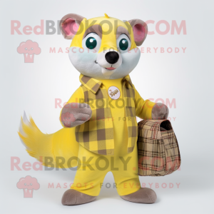 Lemon Yellow Weasel mascot costume character dressed with a Flannel Shirt and Coin purses